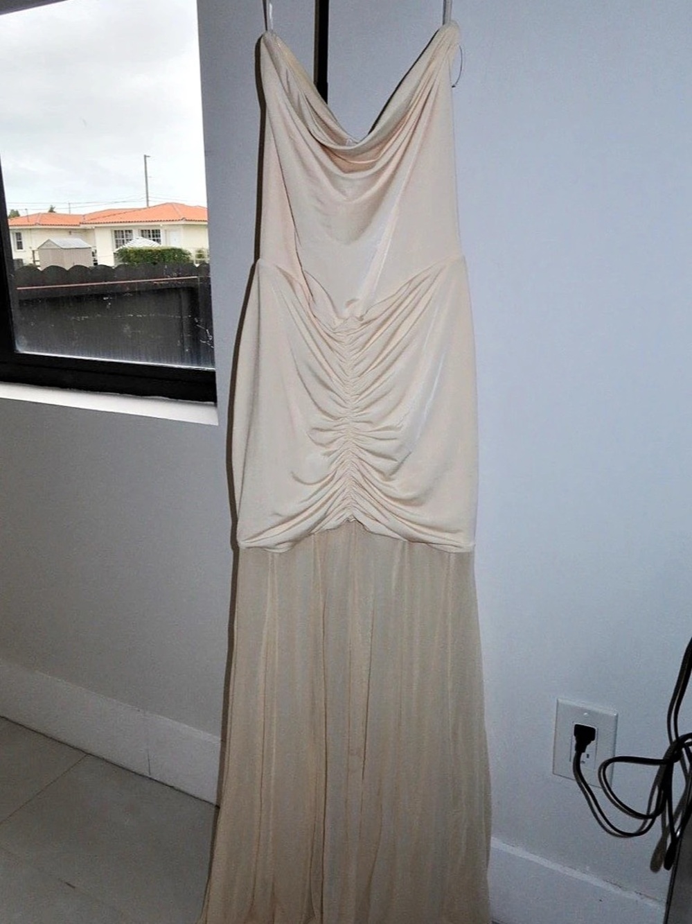 MESHKI Caspian Slinky And Mesh Off Shoulder Maxi Dress in Cream